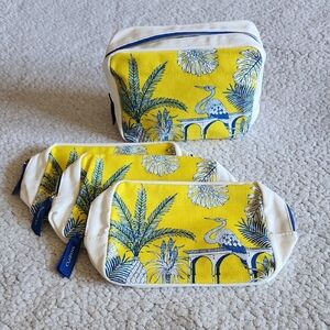 CLARINS Yellow and Blue Travel Pouches Set of 4 Cotton Linen Blend NWOT Gifting